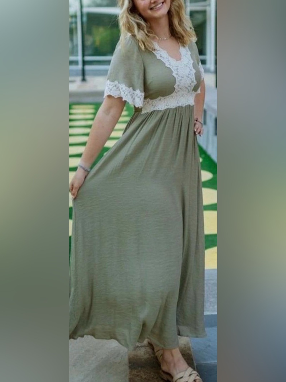 Wishlist Olive Green Maxi Dress with Cream Lace Trim